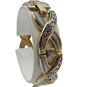 Gold Black X-Link Chain Bracelet Scroll Ornate Design Snap Clasp Size 8" Fashion